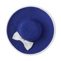 Top view summer beach round straw blue hat with white bow isolated in white background