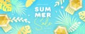 Top view summer big sale tropical banner with tropic leaves and beach umbrella. Summertime background. Royalty Free Stock Photo