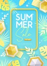 Top view summer big sale tropical banner with tropic leaves and beach umbrella. Summertime background. Royalty Free Stock Photo