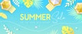 Top view summer big sale tropical banner with tropic leaves and beach umbrella. Summertime background. Royalty Free Stock Photo
