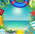 Summer vacation beach accessories and palm leaves on seaside background. Royalty Free Stock Photo