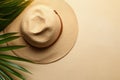 Top View of Summer Holidays Concept with Hat, Fresh Tropical Fruits, Cracked Coconuts, Pineapple, and Green Palm Leaves AI Royalty Free Stock Photo