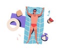 Top view sunbathing man with bad tanning, lying on beach blanket in swimsuit. Guy rest by sea, relax, chill, suntan Royalty Free Stock Photo