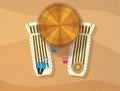 Top view of sunbeds and umbrella on the beach Royalty Free Stock Photo