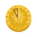 Top view of sundial icon with shadow. Concept of clock face with roman numerals, timer silhouette, measuring, astrology