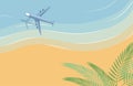 Top view of sunny summer beach, the sea and flying plane. Vector flat banner template for summer vacation. Royalty Free Stock Photo