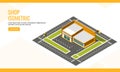 Top view of supermarket building long vehicle transport street background for Shop concept based isometric landing page. Royalty Free Stock Photo