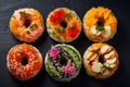 Trendy japan rice dish sushi prepared in shape of donut. Royalty Free Stock Photo