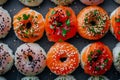 Top view of sushi donuts on dark gray table. Japanese sushi made in shape of donuts, food mashup closeup.