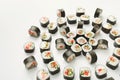 Top view on sushi rolls, maki on white background