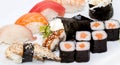 Top view on sushi set isolated over white background. Plate with rolls close-up Royalty Free Stock Photo