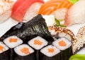 Top view on sushi set isolated over white background. Plate with rolls close-up. Royalty Free Stock Photo