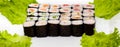 Top view on sushi set isolated over white background. Plate with rolls close-up Royalty Free Stock Photo