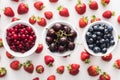Top view of sweet blueberries, cherries and cranberries on bowls and strawberries on background.