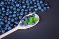 Top view of sweet blueberries with mint in a wooden spoon. Blueberries on a dark background. Fresh, healthful and tasty berries.