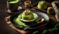 Top view of a sweet dessert made of matcha tea. In the background, freshly brewed tea in a mug and cookies.