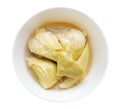 Top view sweet durian with sticky rice and coconut milk, Thai style dessert isolated on white background, clipping path Royalty Free Stock Photo