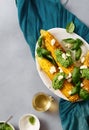 Top view sweet fried corn basil sauce feta cheese Royalty Free Stock Photo