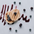 top view of sweet gourmet pancakes with fresh berries and jam Royalty Free Stock Photo