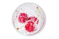 Top view of sweet shiny cherry in soda water with bubbles of car