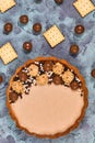 Top view of sweet tart with cheesecake milk chocolate cream filling topped with pralines and chocolate sprinkles Royalty Free Stock Photo