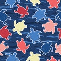 Top view of swimming sea turtles pattern. Seamless vector sealife background. Hand drawn endangered ocean nature all over print.