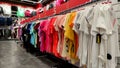 Top view of t-shirts in the market, sale of t-shirts in a sports store Royalty Free Stock Photo