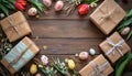 A top view of a table beautifully decorated with gifts willow tulip flowers and easter eggs, palm sunday sunset concept Royalty Free Stock Photo