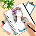 Top view of the table with papers, hand drawn fashion woman, note, flowers and hand with pen. Stylish graphic set. Royalty Free Stock Photo