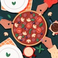 Top view of table with pizza and friends sharing. People taking slices, having a meal, with drinks. Colorful vector