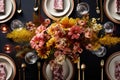 top view of a table with place settings, dinnerware, and flower centerpiece