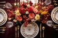 top view of a table with place settings, dinnerware, and flower centerpiece