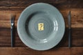 Top view of a table set of cutlery with question mark in a plate.