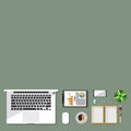 Top view of table working and working desk and free space for text with accessory on the table Royalty Free Stock Photo