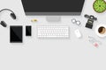 Top view of table working and working desk with gadget and free space for text with accessory on the table Royalty Free Stock Photo