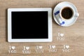 Top view tablet and mug of coffee