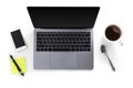 Top view of tabletop with laptop, mobile phone, pen, coffee cup, spoon and notes Royalty Free Stock Photo