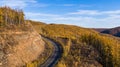 Top view of the taiga forest, river, road . The vast expanses of Eastern Siberia. far East Russia