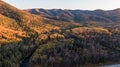 Top view of the taiga forest, river, road . The vast expanses of Eastern Siberia. far East Russia