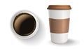 Top view of realistic, to go and takeaway paper coffee cup with lid and ripple sleeve. Royalty Free Stock Photo