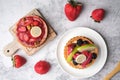 top view of tart fruit dessert and strawberry tart with fresh strawberry