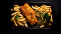Top view tasty food fish and chips plate on a black background