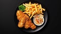 Top view tasty food fish and chips plate on a black background