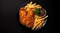 Top view tasty food fish and chips plate on a black background