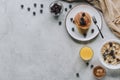 top view of tasty healthy breakfast with pancakes berries honey and muesli Royalty Free Stock Photo