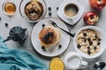 top view of tasty healthy breakfast with pancakes muesli and fruits Royalty Free Stock Photo