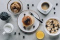 top view of tasty healthy breakfast with pancakes and muesli Royalty Free Stock Photo