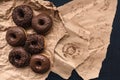 Top view of tasty homemade chocolate doughnuts