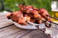 Top view of tasty shish kebab from pork on plate Royalty Free Stock Photo