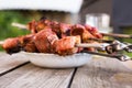 Top view of tasty shish kebab from pork on plate Royalty Free Stock Photo